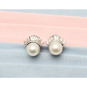Unique 18K White Gold Pearl, Baguette & Round Cut Diamond French Clip Earrings